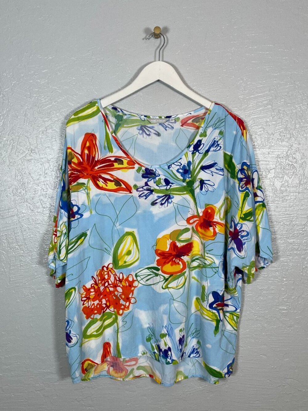 Jams World Women L Blue Red Green Water Garden Floral Print Blouse Dolman Sleeve